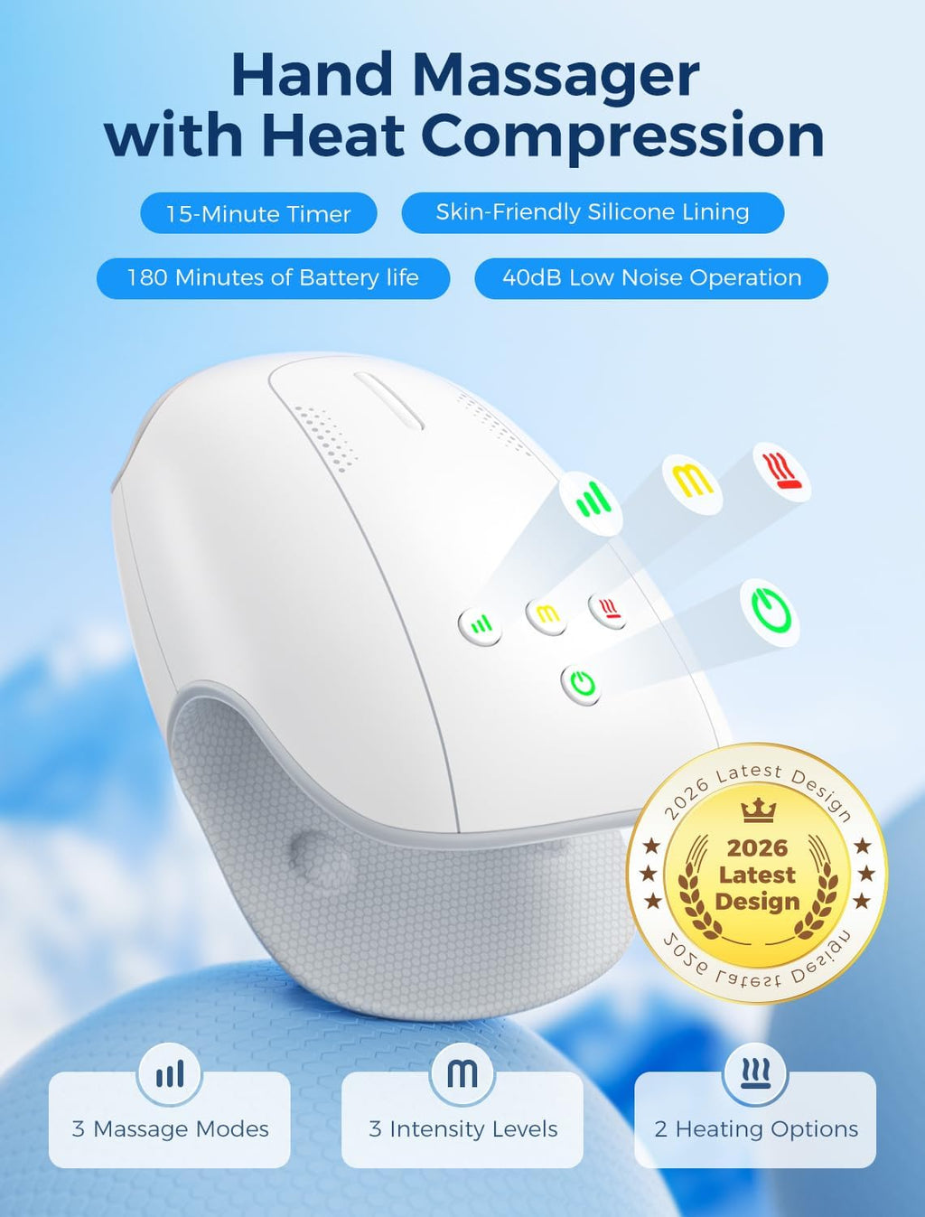 Estefanlo Hand Massager with Heat and Compression, Cordless Hand Massager for Arthritis Pain Relief, 3 Modes Air Compression Finger Massage Device, 2 Heat Levels, Washable Silicone Liner