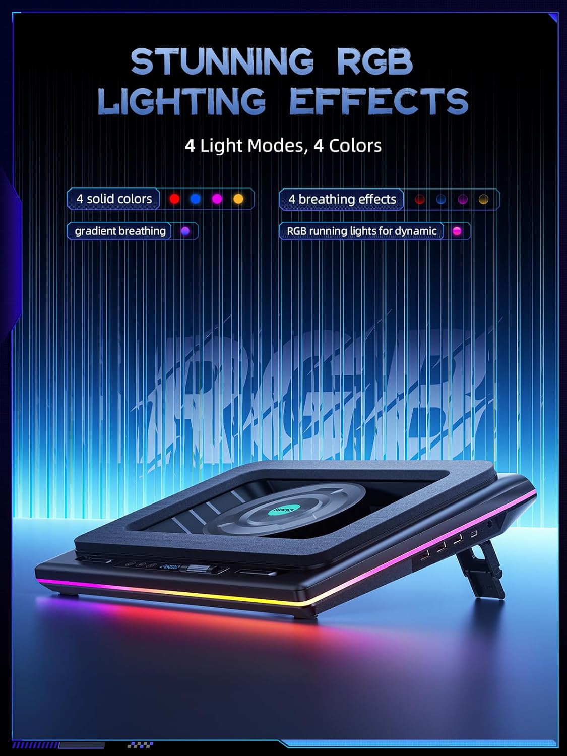 llano V12 Gaming Laptop Cooling Pad, RGB Laptop Cooler, Laptop Cooling Fan Stand with 5.5 Inch Powerful Turbofan, for 15.6-19in Laptop, Adjustable Speed, Dustproof, 3-Port USB Hub, Black (RGB)
