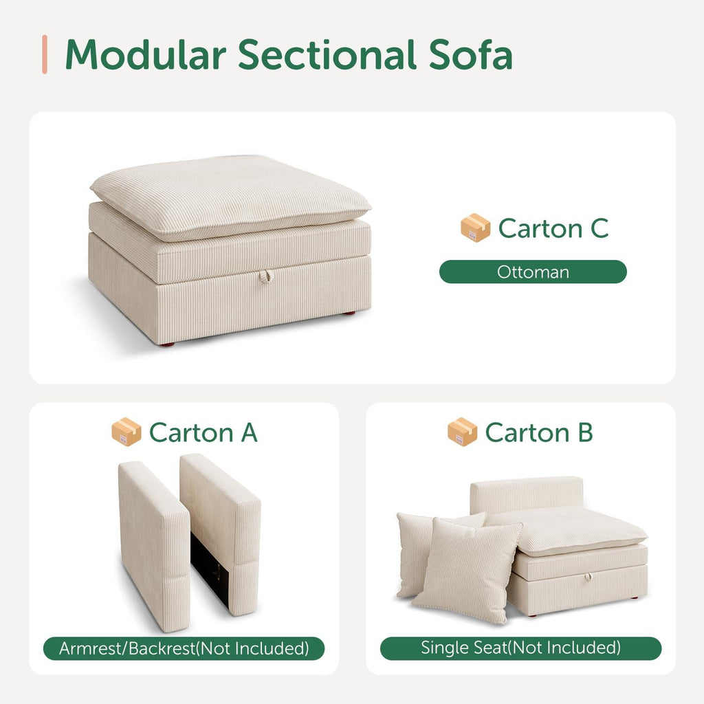 HONBAY Corduroy Ottoman, 31.5 Inch Square Ottoman Bench with Storage for Living Room, Beige