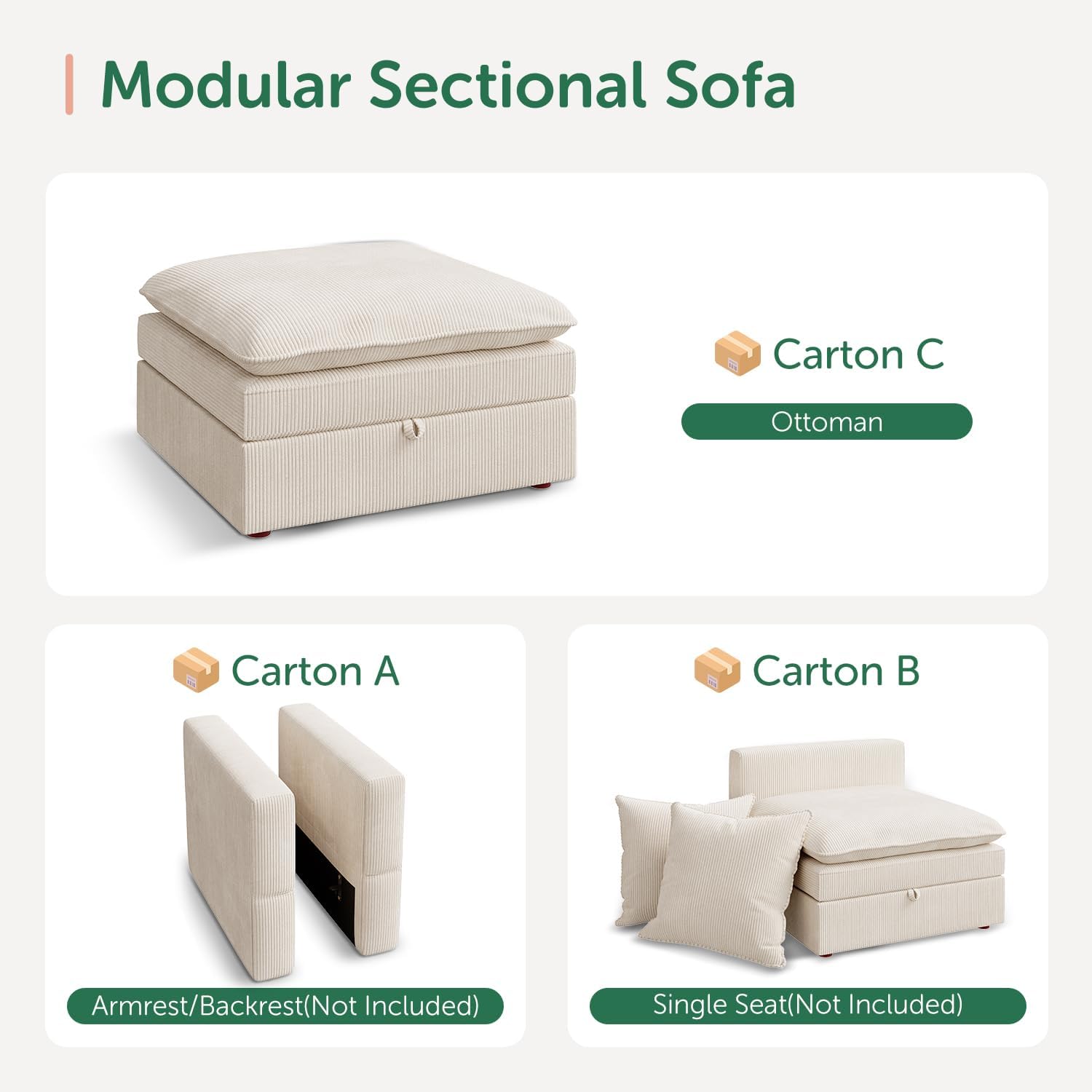 HONBAY Corduroy Ottoman, 31.5 Inch Square Ottoman Bench with Storage for Living Room, Beige
