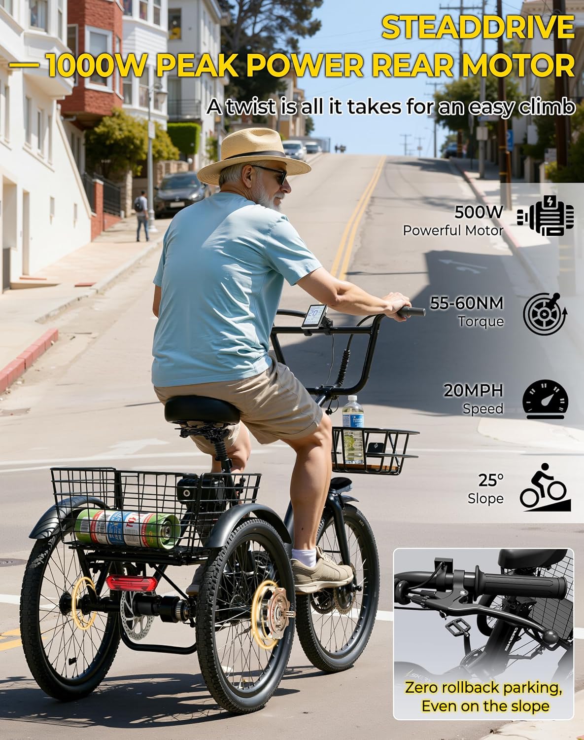 Skeri Electric Trike, Peak 1000W Electric Tricycle for Adults, 20" Folding 3-Wheel Electric Bike, Step-Thru E Trike with 624WH Removable Battery and Large Basket, Black