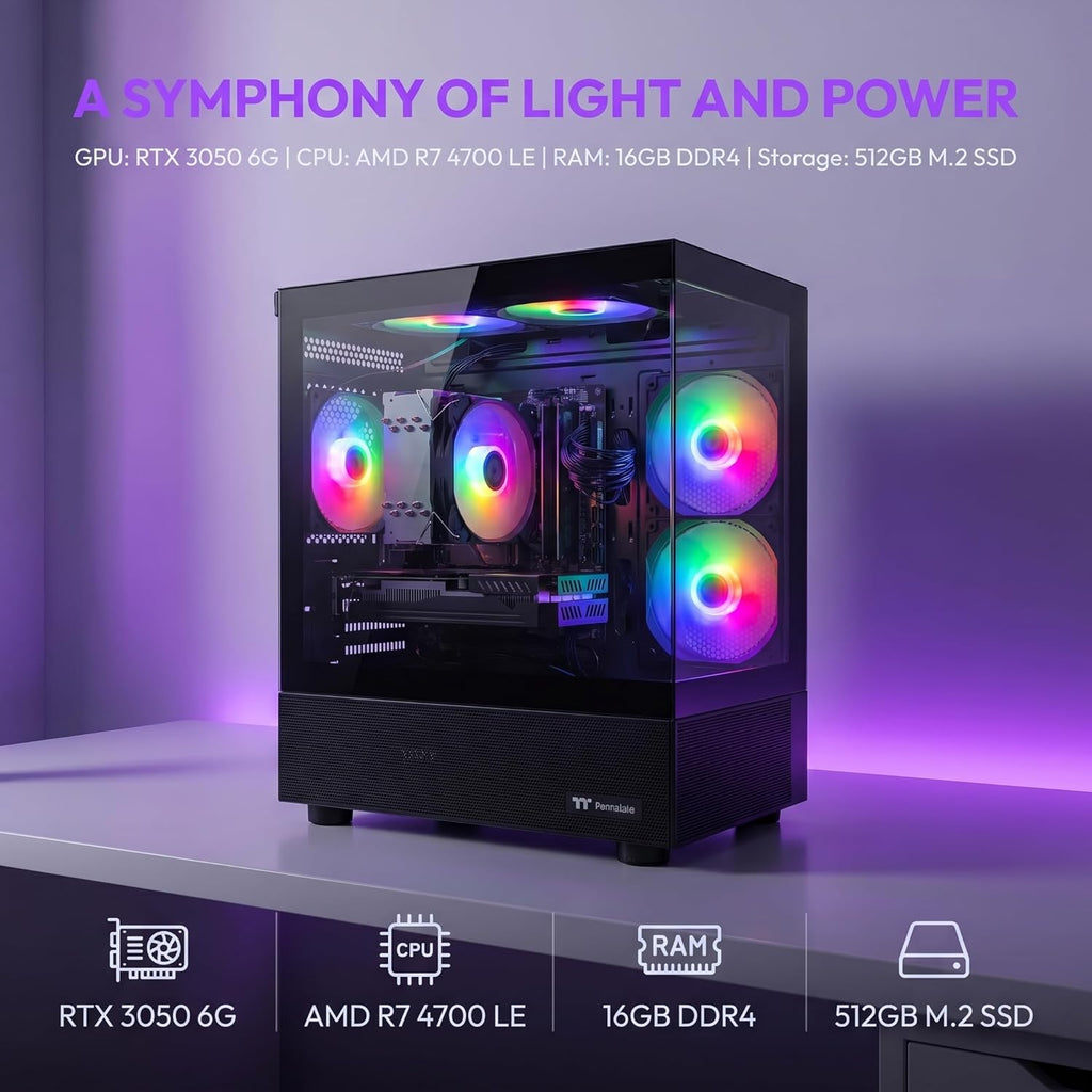 Gaming Desktop Computer, AMD R7 4700 LE,RTX 3050 6G,16GB DDR4,512GB M.2 SSD, BX3 550W 80PLUS Bronze PSU, RGB Fan x5, WiFi Ready & Windows 11 Home, Black