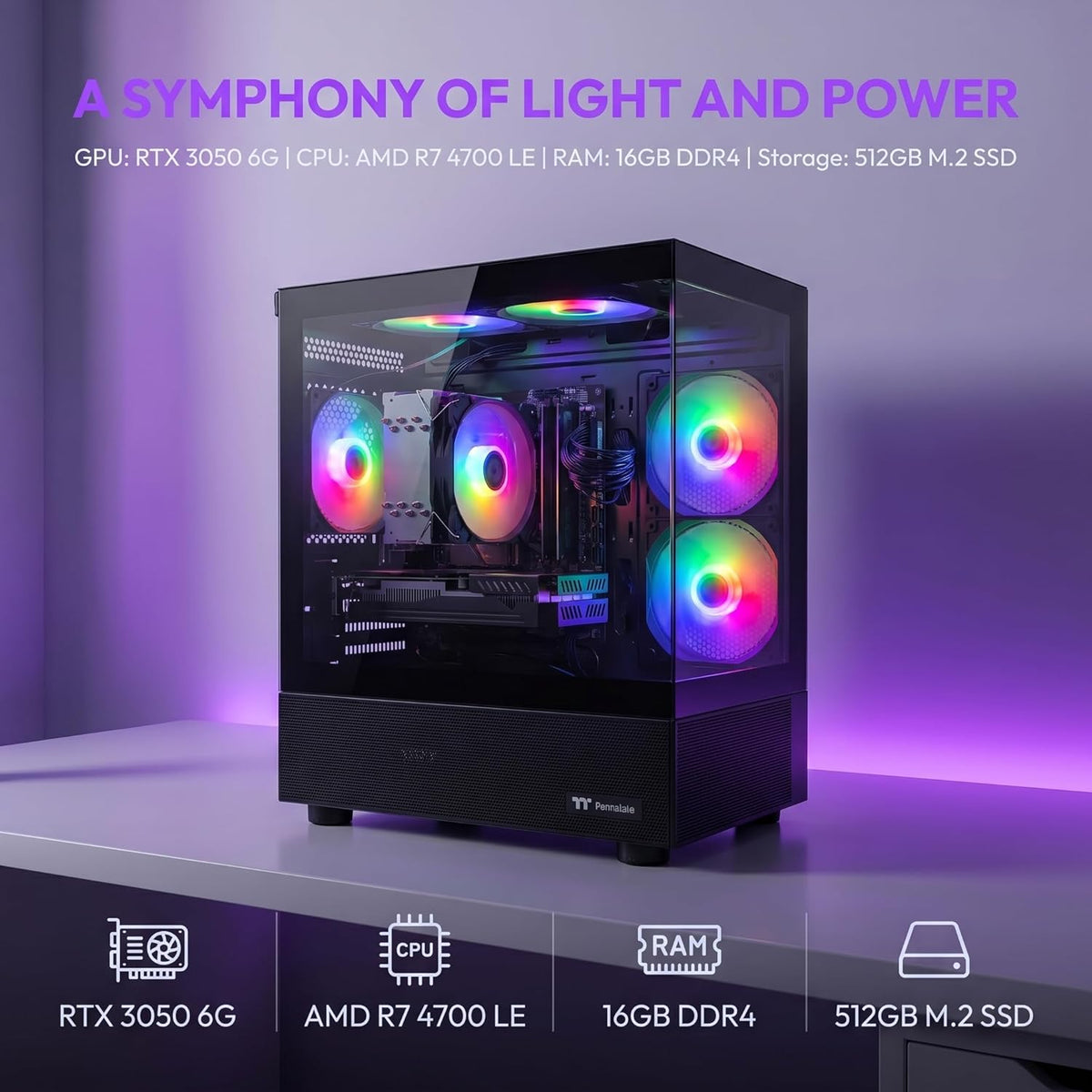 Gaming Desktop Computer, AMD R7 4700 LE,RTX 3050 6G,16GB DDR4,512GB M.2 SSD, BX3 550W 80PLUS Bronze PSU, RGB Fan x5, WiFi Ready & Windows 11 Home, Black