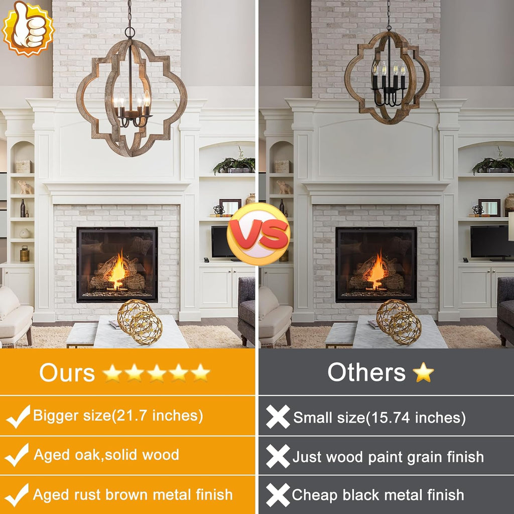 22" Oak Farmhouse Chandeliers Dining Room Light Fixture Over Table Orb Distressed Wood Pendant Light 4-Light Rustic Large Hanging Light for Foyer Entryway Kitchen Island Living Room Bedroom E12