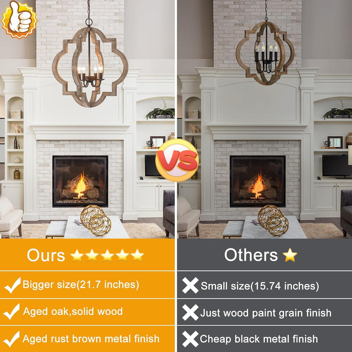 22" Oak Farmhouse Chandeliers Dining Room Light Fixture Over Table Orb Distressed Wood Pendant Light 4-Light Rustic Large Hanging Light for Foyer Entryway Kitchen Island Living Room Bedroom E12