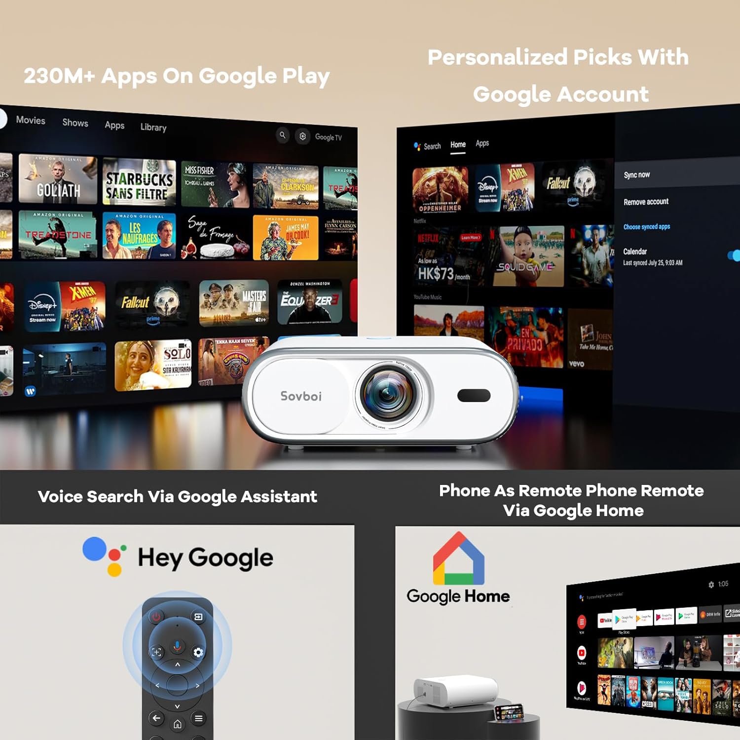 4K Projector with Google TV:3000 Brightness/Auto Lens Cap & 4D Keystone/Auto Focus & AI Voice Control, Sovboi Portable Outdoor Projector with WiFi & Bluetooth, Smart Movie Proyector for Streaming Apps