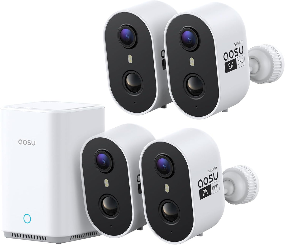 aosu Wireless Outdoor Security Camera Kit with aosuBase Local Storage, 2K with 6X Zoom, 4-View Live, Cross-Camera Person Timeline, PIR + AI Human Detection, Color Night Vision, 4-Cam-Kit