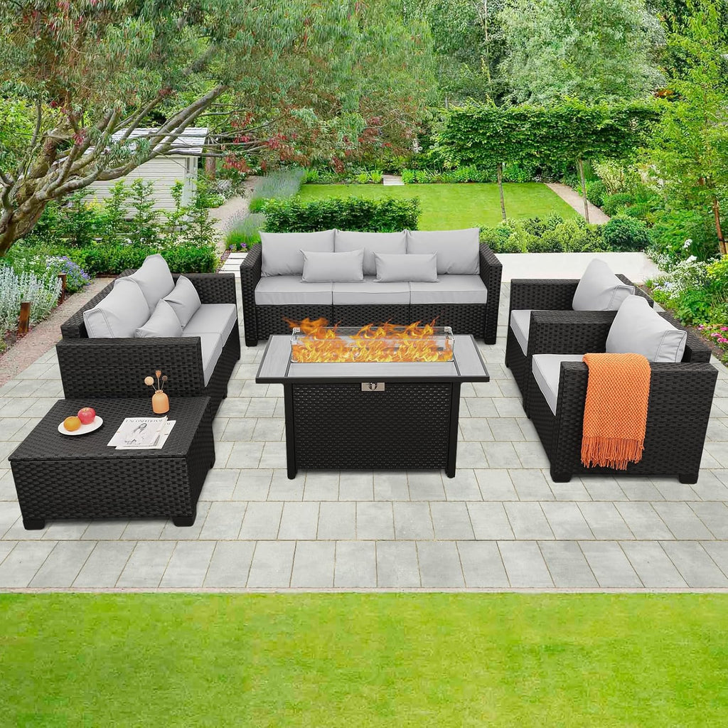 Rattaner 6 Pcs Outdoor Furniture Sets Patio Furniture Set with 45" Fire Pit Patio Couch Outdoor Chairs 60000 BTU Steel Propane Fire Pit Table No-Slip Cushions and Waterproof Covers, Light Grey