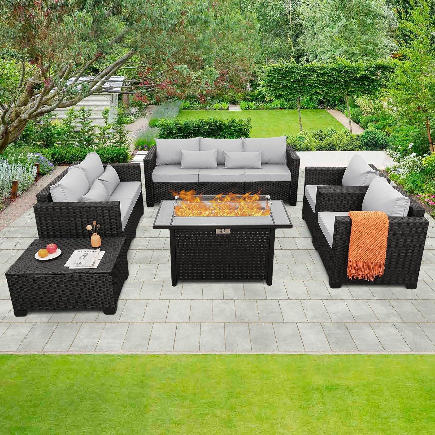 Rattaner 6 Pcs Outdoor Furniture Sets Patio Furniture Set with 45" Fire Pit Patio Couch Outdoor Chairs 60000 BTU Steel Propane Fire Pit Table No-Slip Cushions and Waterproof Covers, Light Grey
