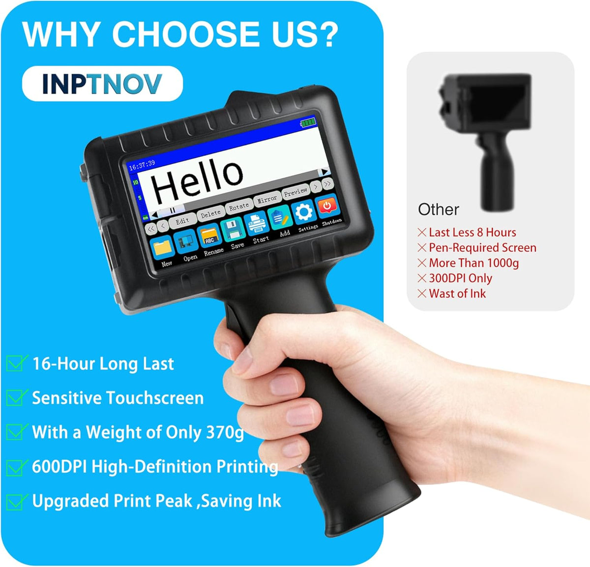 Handheld Inkjet Printer for Logo Batch Number Expiration Date Barcode Serial Number on Anything Glass Farbic Wood Plastic Cardboard Metal Clothes,42ml Fast Dry Ink,Last 16H,0.5 Inch Nozzle