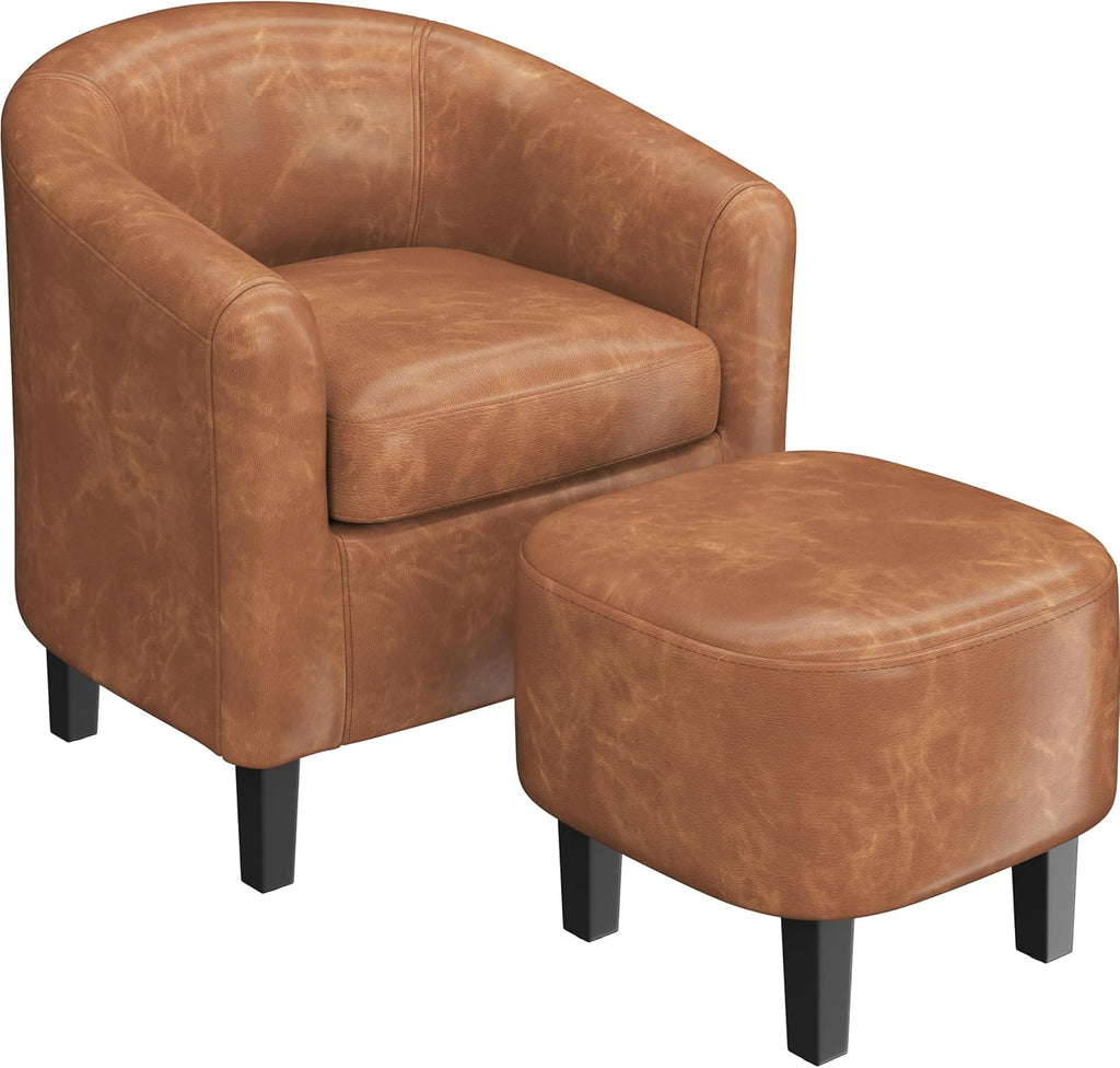 Yaheetech Accent Chair with Ottoman Footstool, PU Leather Modern Upholstered Soft Barrel Chair, Comfy Club Armchair and Footrest Set for Living Room/Bedroom/Reading Room/Guestroom, Brown