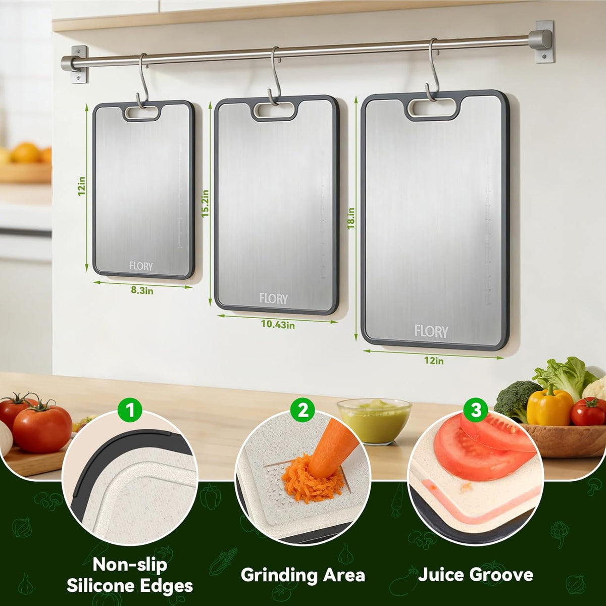 R FLORY Titanium Cutting Board for Kitchen Set of 3, 2-in-1 Double-Sided Chopping Board, Titanium/PP Large Cutting Boards, 18”x12”,(S+M+L)