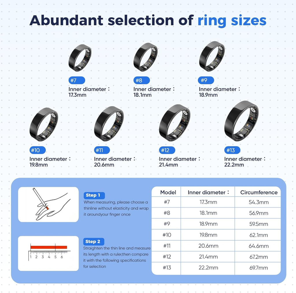 Smart Ring Health Tracker - IP68 Water Resistance, Sleep & Exercise Monitoring, iOS & Android Compatible, Long Lasting Battery Life, No Subscription Required, Unisex for Women & Men (Black, 12)