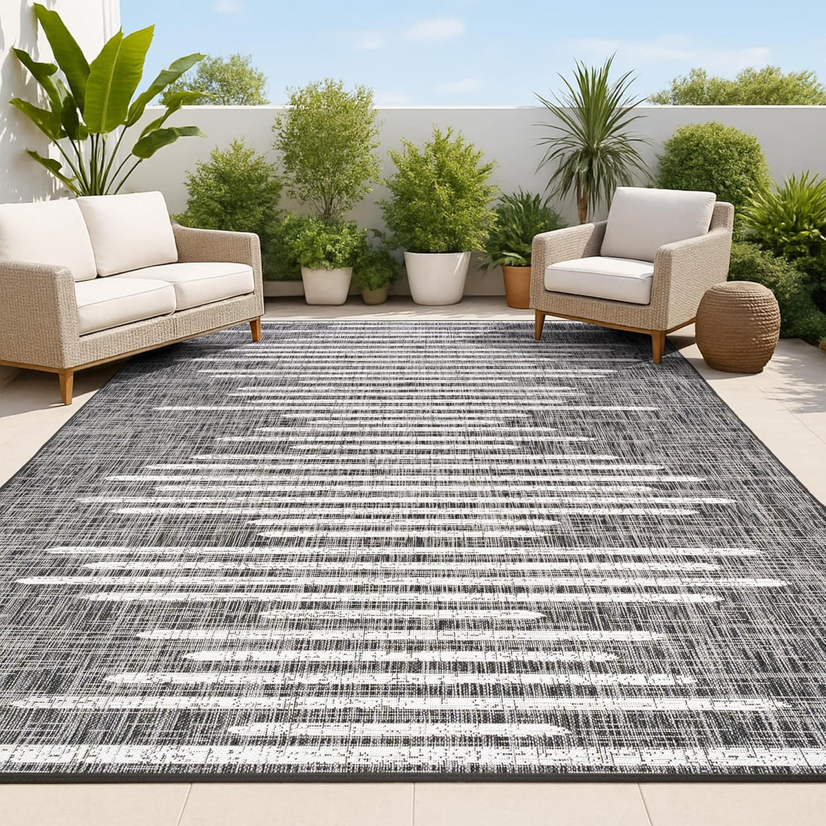 JONATHAN Y Stripe Geometric Indoor Outdoor Area Rug 8X10 Black/Ivory, Zolak Berber for Backyard, Patio, Porch, Easy-Cleaning, High Traffic, Pet-Friendly, Non-Shedding (SMB124E-8)