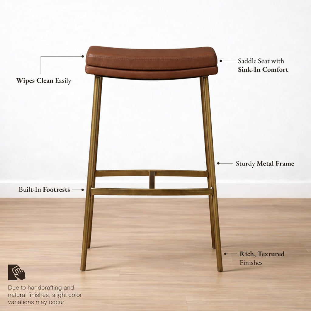 Maven Lane Berkley Backless Bar Stool 31 Inch – Saddle Stool with Footrest – Aged Gold Metal Frame & Brown Faux Leather Upholstery – Ideal for Bars, Pubs and Tall Kitchen Counters