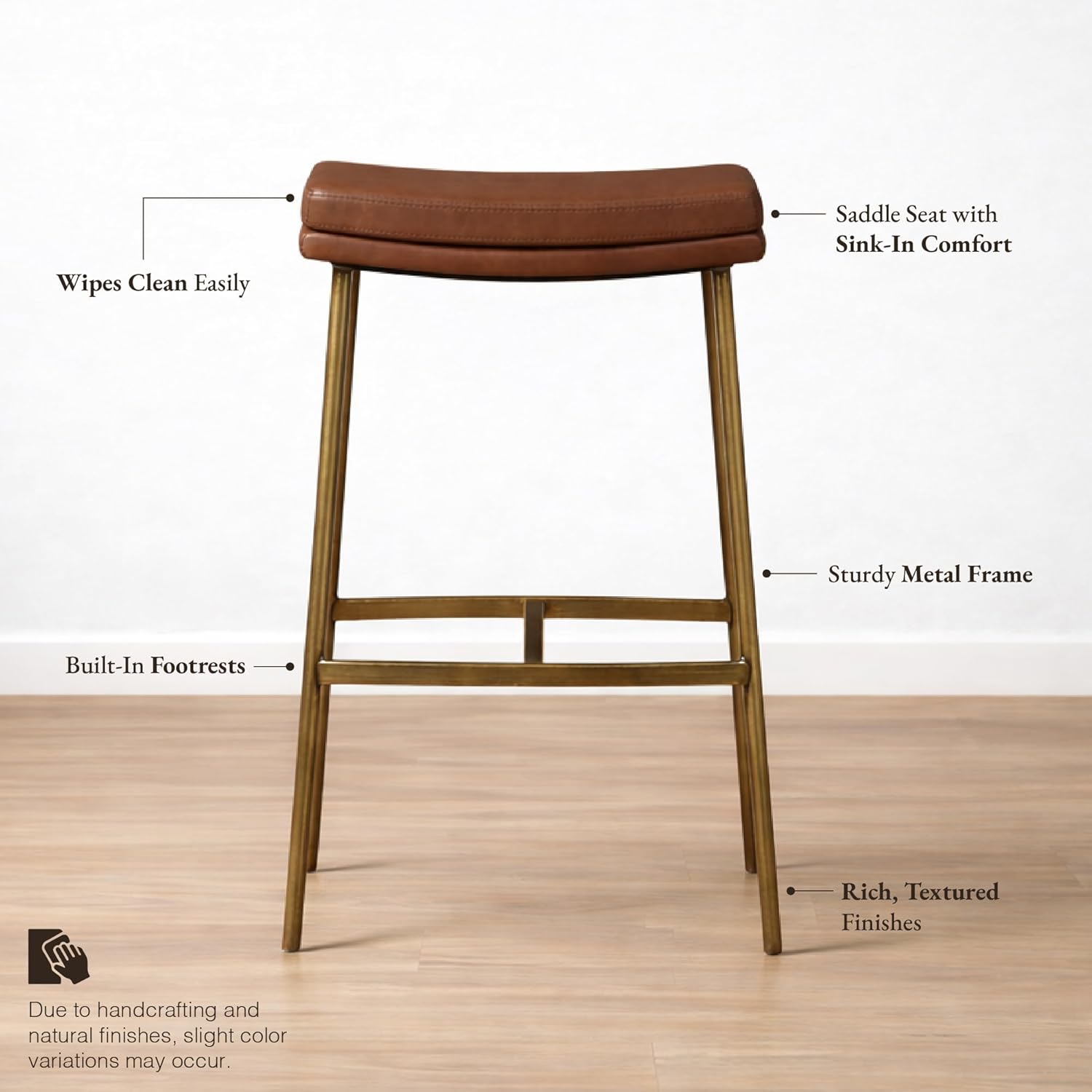 Maven Lane Berkley Backless Bar Stool 31 Inch – Saddle Stool with Footrest – Aged Gold Metal Frame & Brown Faux Leather Upholstery – Ideal for Bars, Pubs and Tall Kitchen Counters