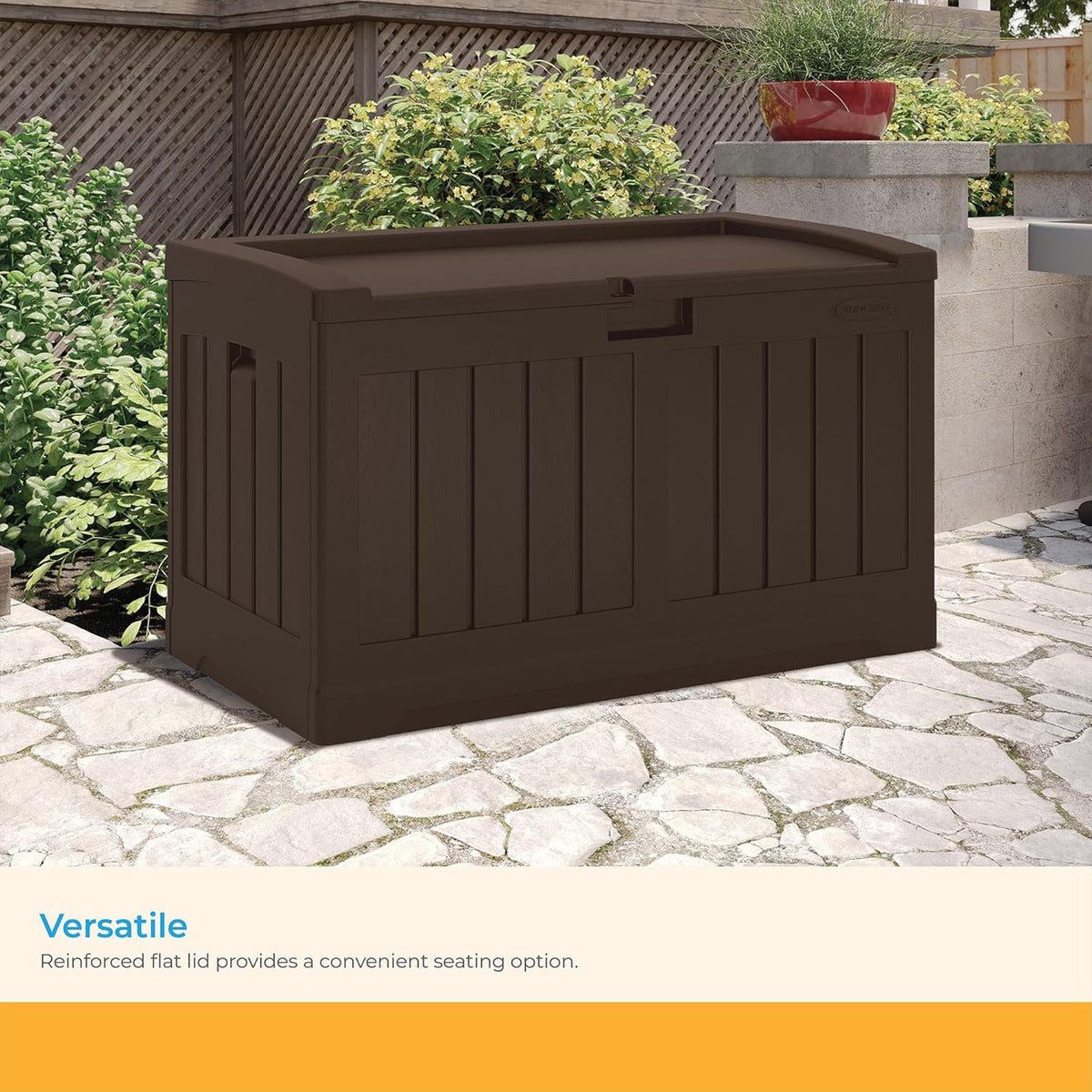 Suncast 50 Gallon Medium Capacity All Weather Construction Resin Outdoor Storage Deck Box with Bench Seat and Lid for Patio, Garden, or Pool, Java