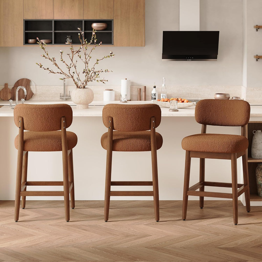 Counter Height Bar Stools Set of 2, Mid-Century Modern Boucle Bar Chairs with Solid Wood Frame, Upholstered Stools with Backrest for Kitchen Island, Home Bar, Caramel Brown