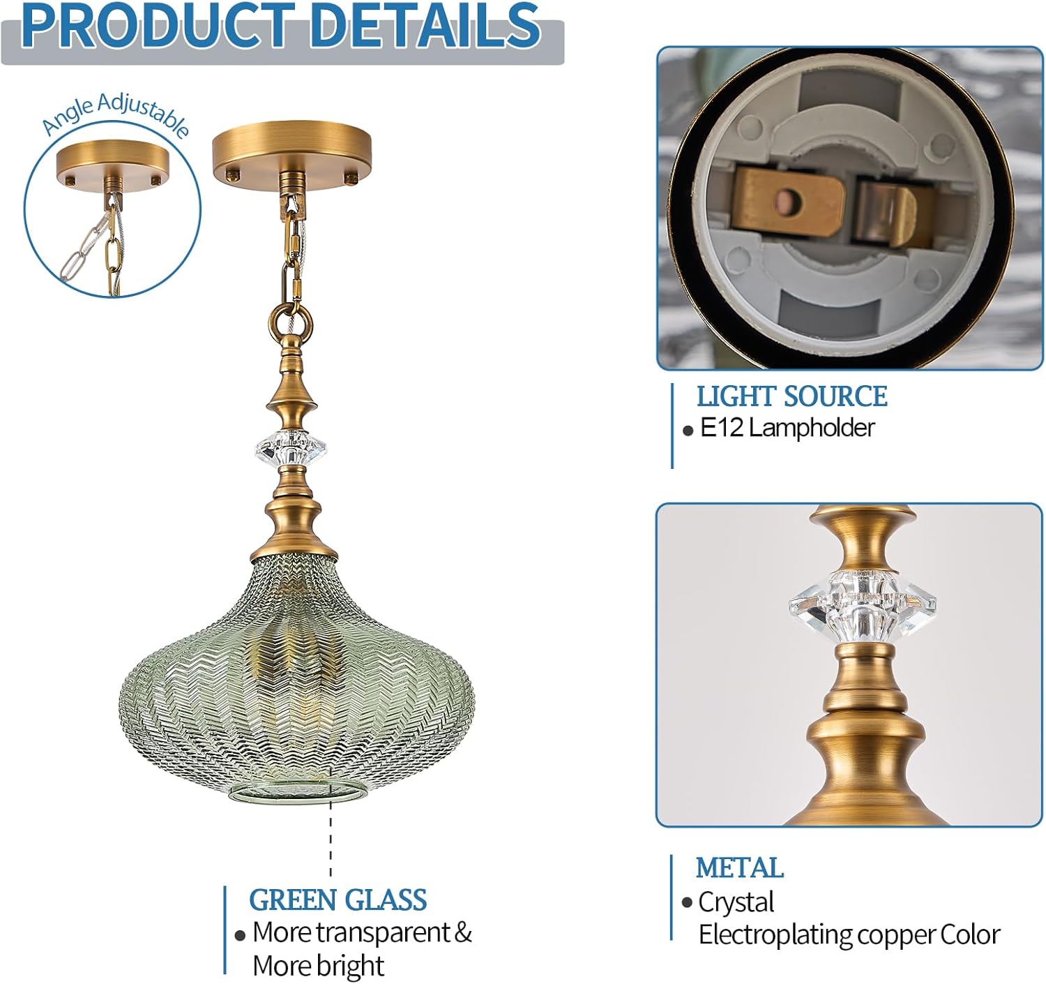3-Light Chandelier,Vintage Gold Farmhouse Pendant Light Fixture for Kitchen,Adjustable Hanging Lighting with Green Glass Shade for Hallway Bedroom Entryway Dining Room Island
