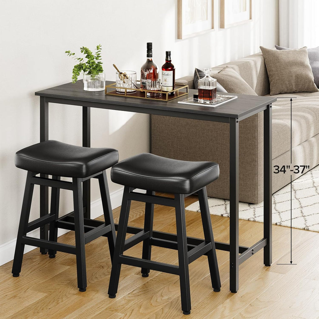 Raynesys Counter Height Bar Stools Set of 2, 24 Inch Barstools for Kitchen Counter, Kitchen Stools with Bonded Leather Saddle Seats & Heavy Duty Metal Legs, Easy Assembly, All Black