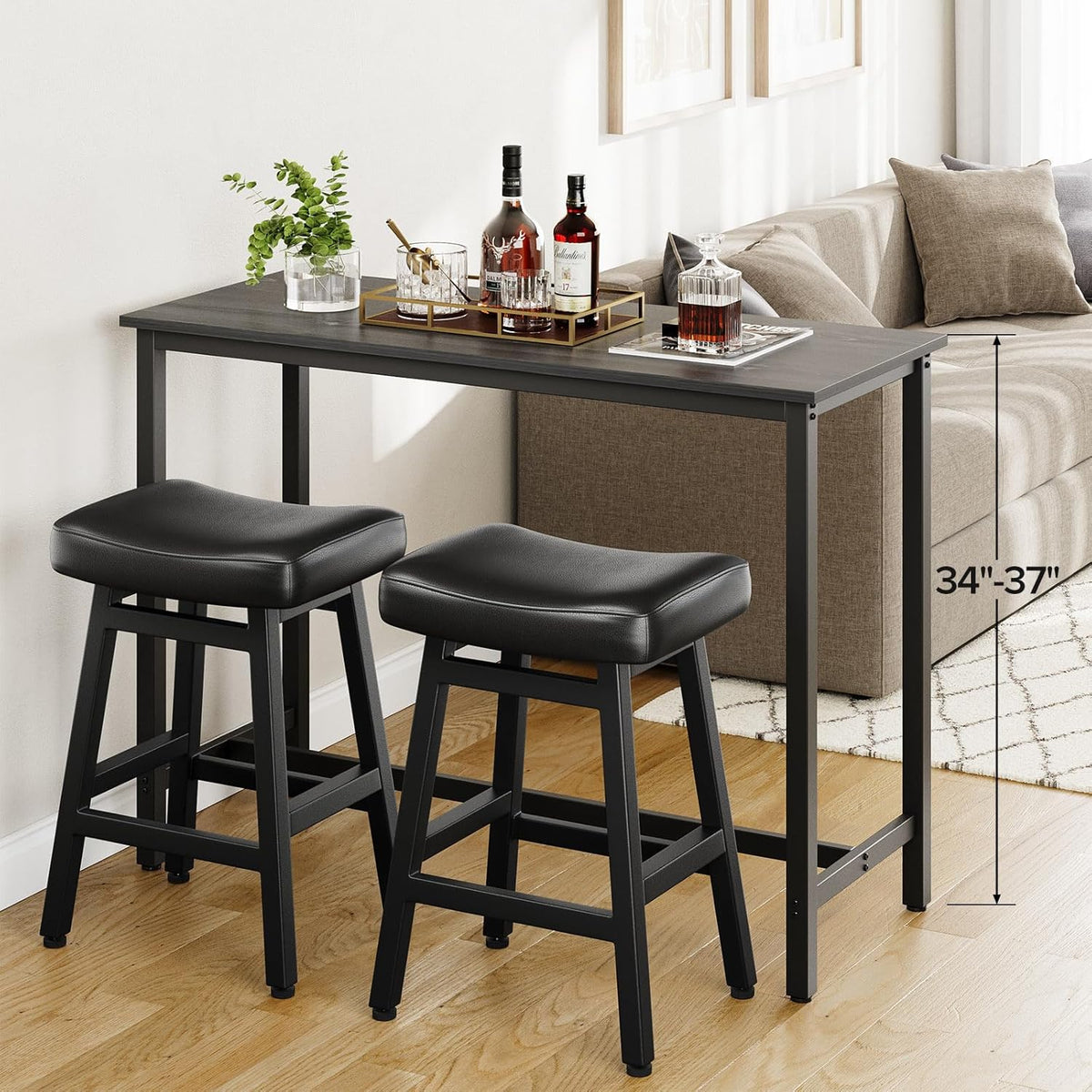 Raynesys Counter Height Bar Stools Set of 2, 24 Inch Barstools for Kitchen Counter, Kitchen Stools with Bonded Leather Saddle Seats & Heavy Duty Metal Legs, Easy Assembly, All Black
