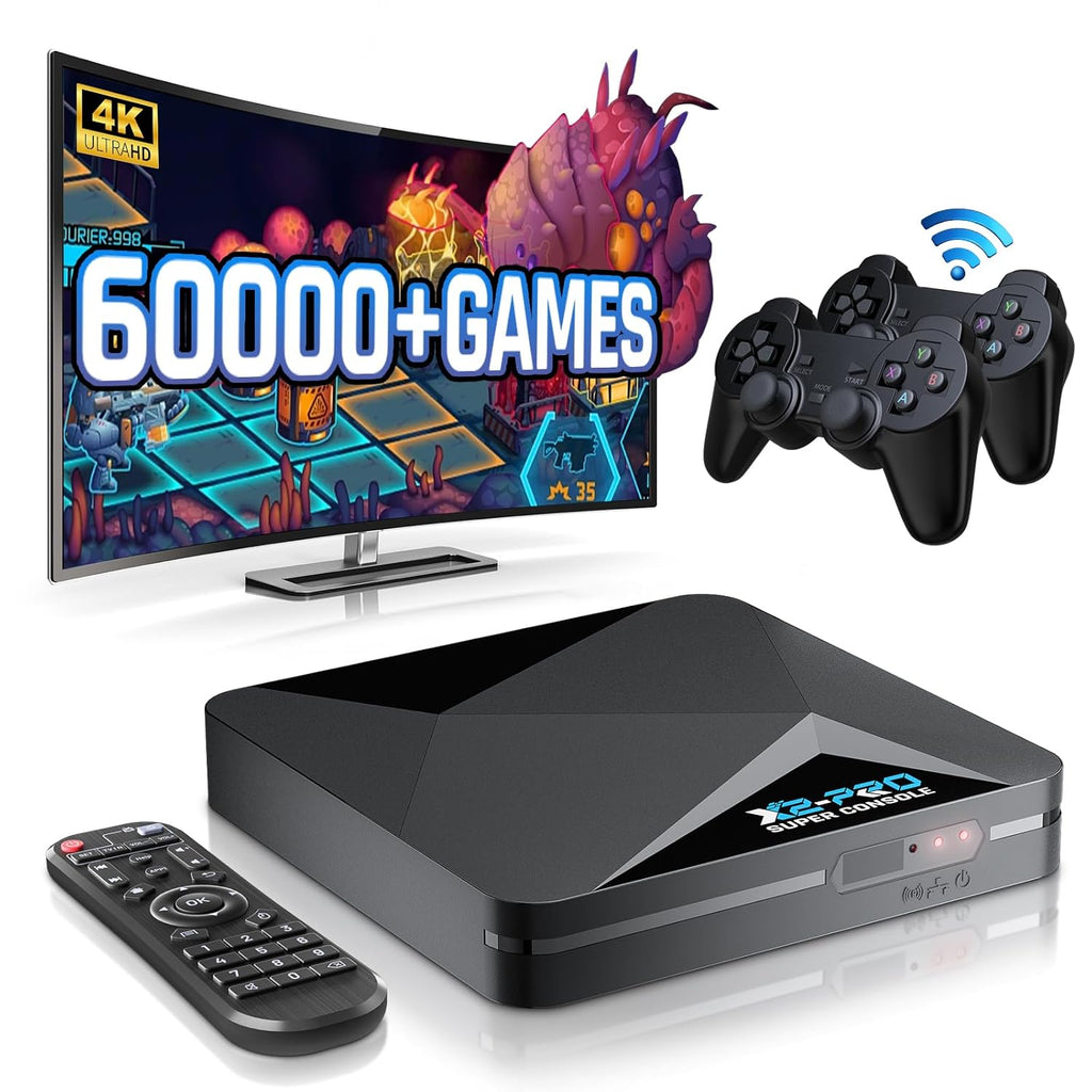Kinhank 2025 Super Console X2 Pro Pre-installed 65,000+ Classic Games,Retro Game Consoles Compatible with 60+ Emulators,EmuELEC 4.6&Android 9.0, 4K HD Output,2 Wireless Controllers