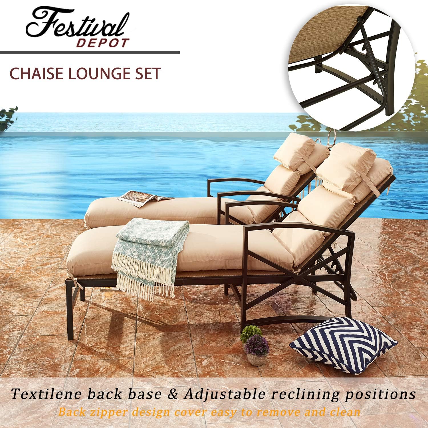Festival Depot 3 Pieces Patio Outdoor Chaise Lounge Chairs with Cushions Set with Coffee Table Premium Fabric Metal Frame Furniture Garden Bistro Soft Backrest (Khaki)