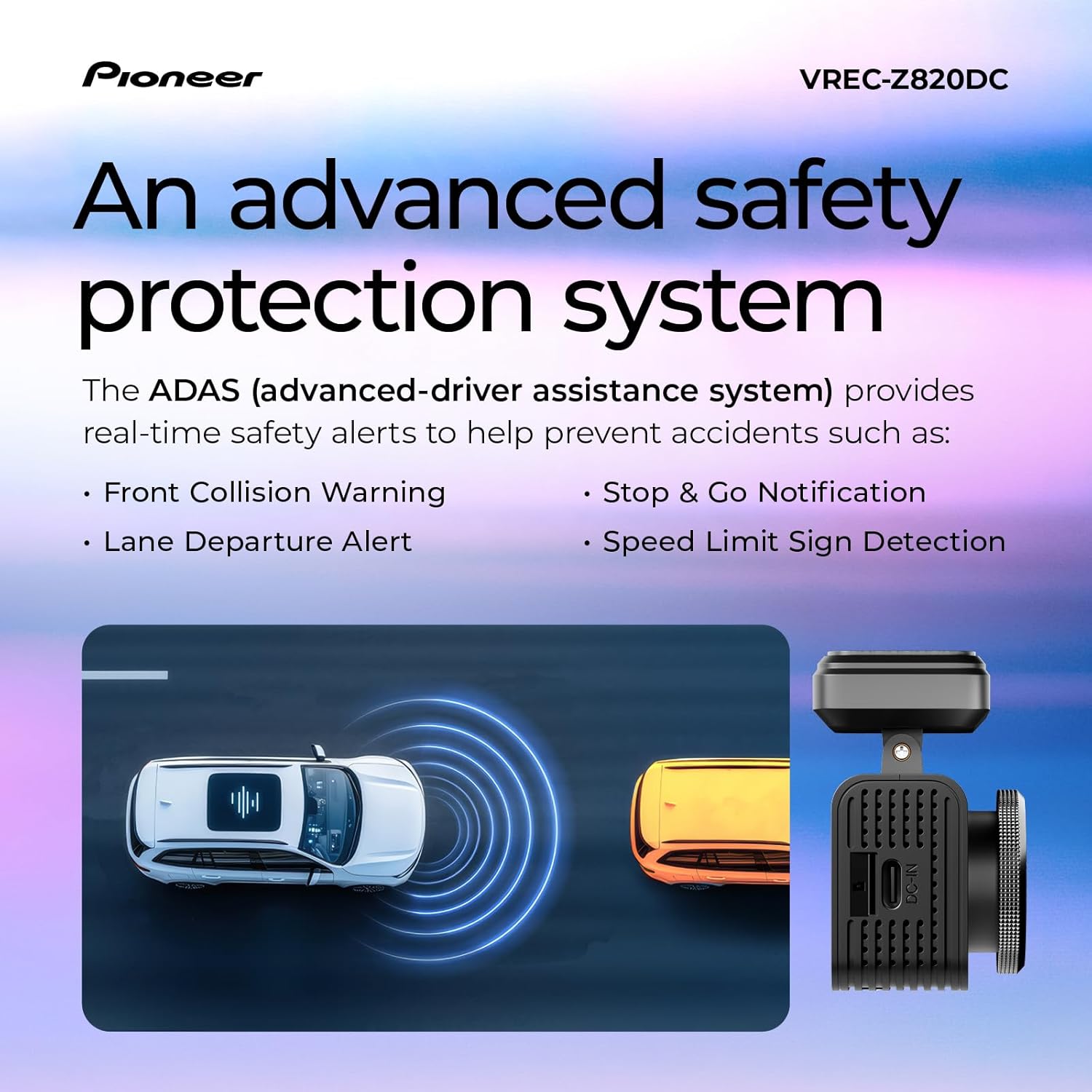 Pioneer VREC-Z820DC Dual Dash Cam Front and Rear Car Camera - Premium 4K Camera, AI-ISP Starvis Night Vision, 139 Degree Wide Lens, ADAS Safety Alerts, Built in GPS, Impact Detection, 24/7 Coverage