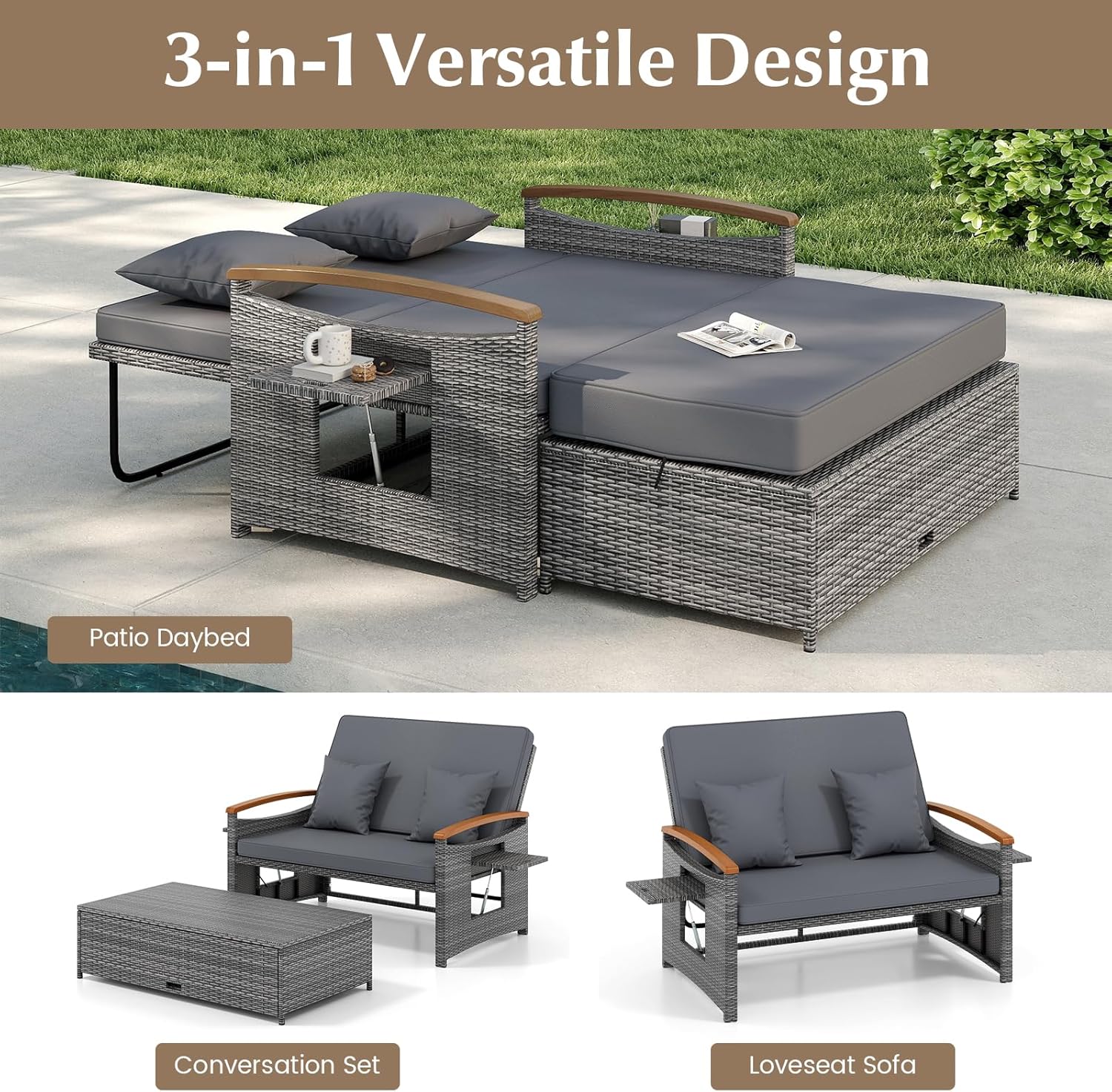 COSTWAY Patio Rattan Daybed, Outdoor Loveseat Sofa with Storage Ottoman, 4-Level Adjustable Backrest & Acacia Wood Armrest, Outdoor Wicker Daybed with Side Panels for Yard, Deck, Poolside (Mix-Grey)