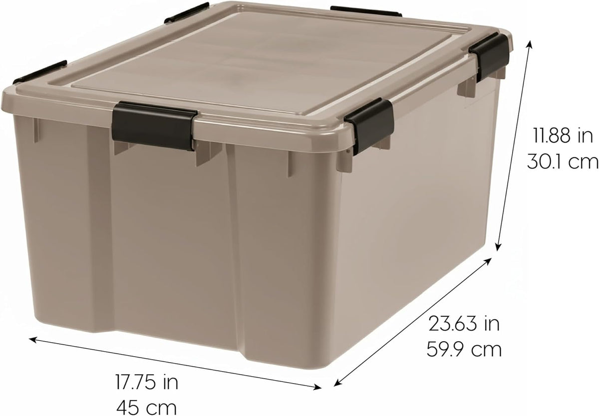 IRIS USA 4-Pack WeatherPro Gasket Box, 63 Quart Weather Resistant Storage Bins with Latching Lids, Heavy Duty Organizing Containers for Closet, Bathroom, and Office - Tan