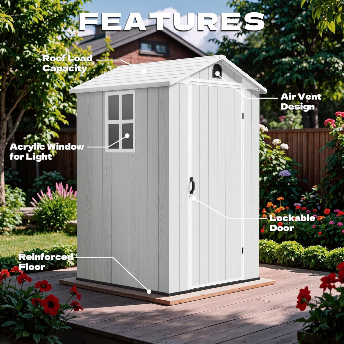 Devoko 4×4 FT Resin Storage Shed with Floor, Plastic Outdoor Garden Shed with Windows and Lockable Doors, Waterproof Outside Tool Sheds for Patio Backyard Lawn, Light Gray