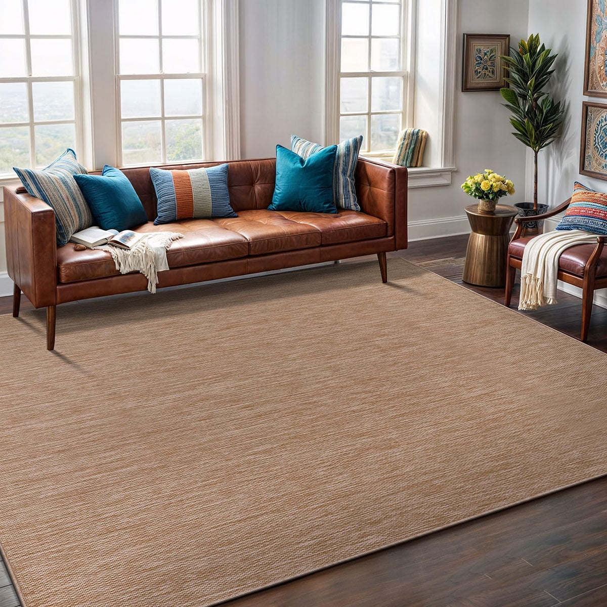 Washable Indoor Outdoor Rug 10x14 Weather Resistant Area Rugs Modern Solid Jute Rug for Porch Deck Balcony Backyard Patio Outside Carpet (10 X 14 Jute Beige)