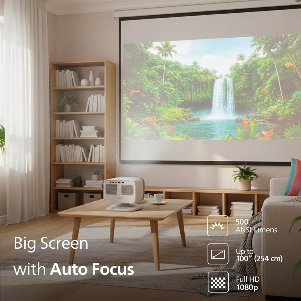 Philips Neopix 444, 4K Video Projector, Native Resolution 1080p, 500 ANSI Lumens, 10-watt Stereo Sound, Autofocus, Auto Keystone, HDMI to USB-C Cable Included, White.