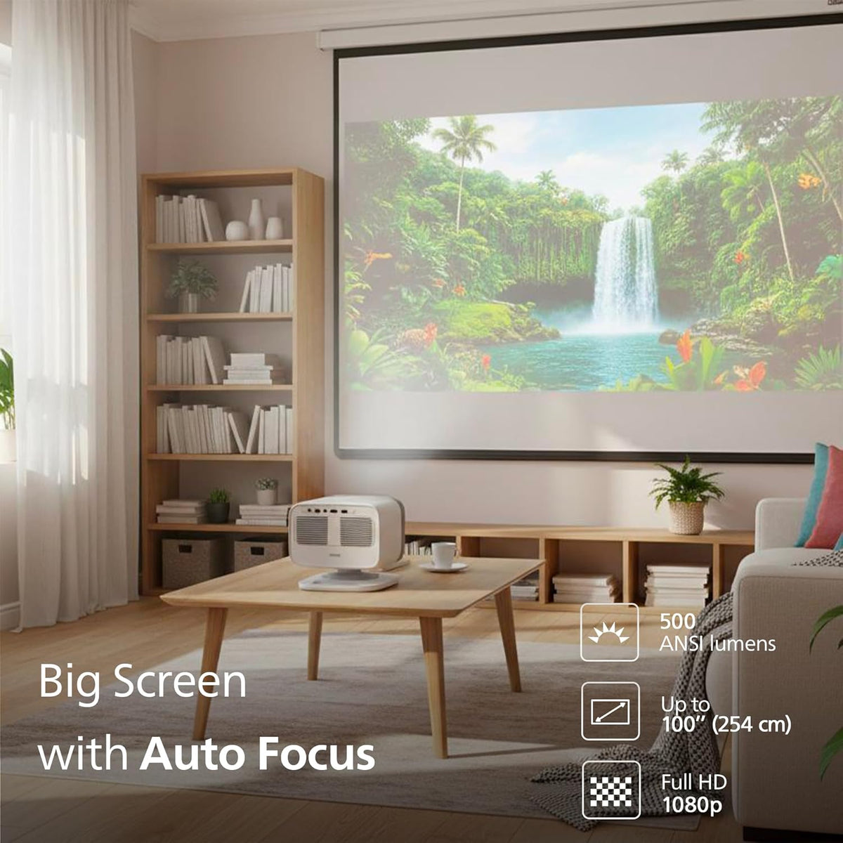 Philips Neopix 444, 4K Video Projector, Native Resolution 1080p, 500 ANSI Lumens, 10-watt Stereo Sound, Autofocus, Auto Keystone, HDMI to USB-C Cable Included, White.
