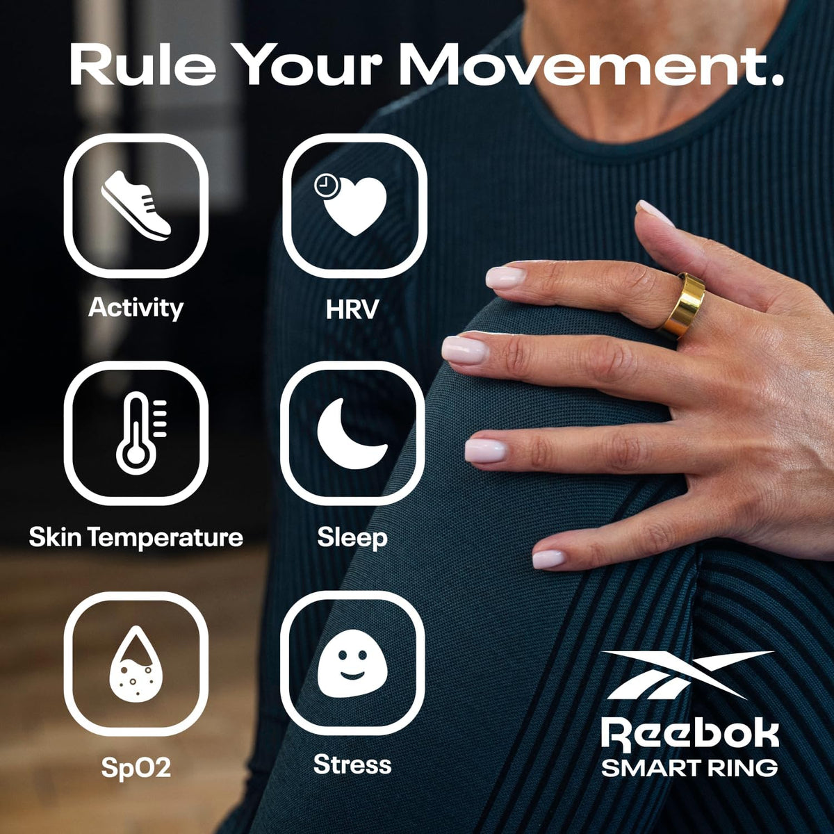 Reebok Smart Ring for Women or Men - Matte Black, Size 14 Fitness Ring - The Next Generation of Wearable Technology - Fitness and Sleep Tracker - Monitors Wellbeing and Recovery