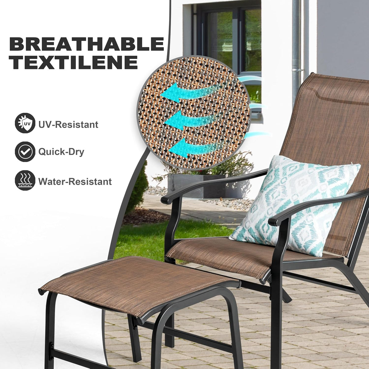 NUU GARDEN Patio Chaise Lounge Set of 3, 2 Textilene Patio Lounge Chairs with Ottoman and 1 Slatted Side Table, All-Weather Outdoor Set for Balcony Deck Yard Poolside, Black and Brown
