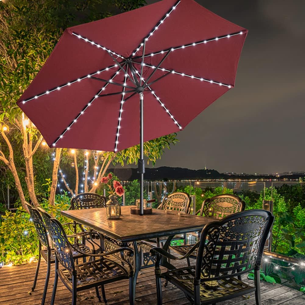 EliteShade USA 10-Year-Non-Fading 9ft Market Patio Umbrella, Commercial Grade Table Sun Umbrella with 80 Solar LED Lights, Crank Open, Windproof & UPF 50+ UV Protection for Garden, Deck, Pool, Backyard, Burgundy