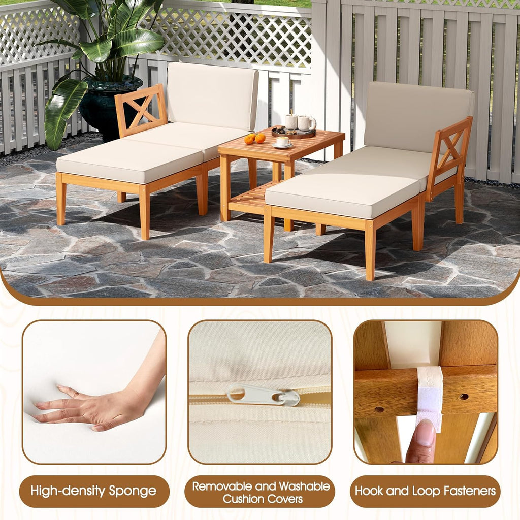 Tangkula 5 Pieces Patio Lounge Chair Set w/Ottomans, Acacia Wood Patio Conversation Set w/Cushions, Coffee Table, Modular Outdoor Lounge Sofa Set for Lawn, Backyard, Poolside