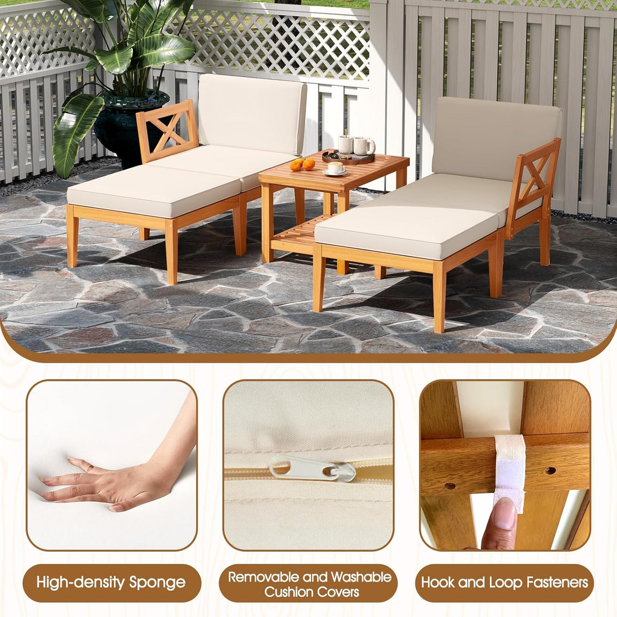 Tangkula 5 Pieces Patio Lounge Chair Set w/Ottomans, Acacia Wood Patio Conversation Set w/Cushions, Coffee Table, Modular Outdoor Lounge Sofa Set for Lawn, Backyard, Poolside