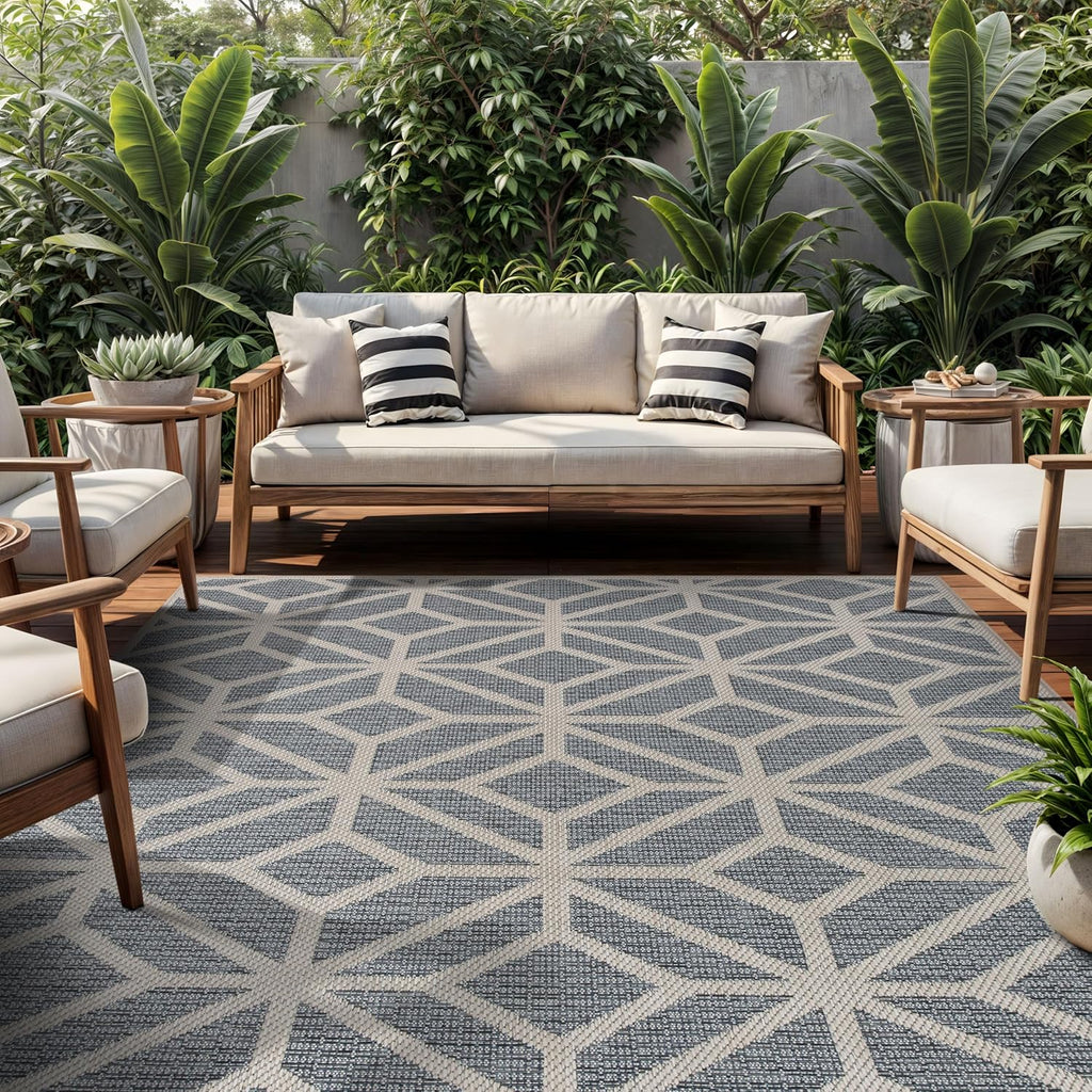Rugshop Blue Contemporary Geometric Indoor/Outdoor Area Rug — Hose Washable for Living Room, Dining Room and Office, 7'10" x 10'