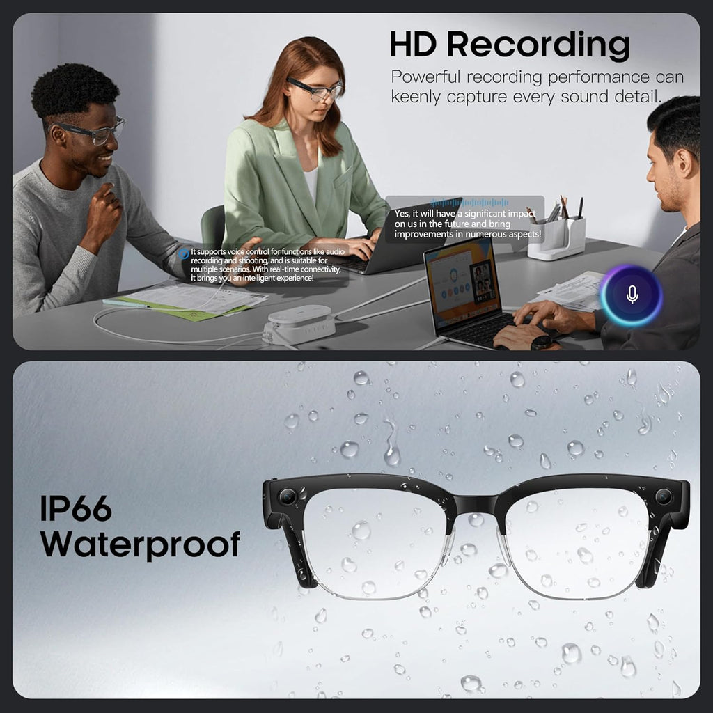 AI Smart Camera Glasses with HD 8MP Camera, 4K Photos & 1080P Video,Anti-Shake, 12Hours Music/Bluetooth Calls, Real-time Translation/GPT Object Recognition, IP66 Waterproof (Photochromic Lenses)