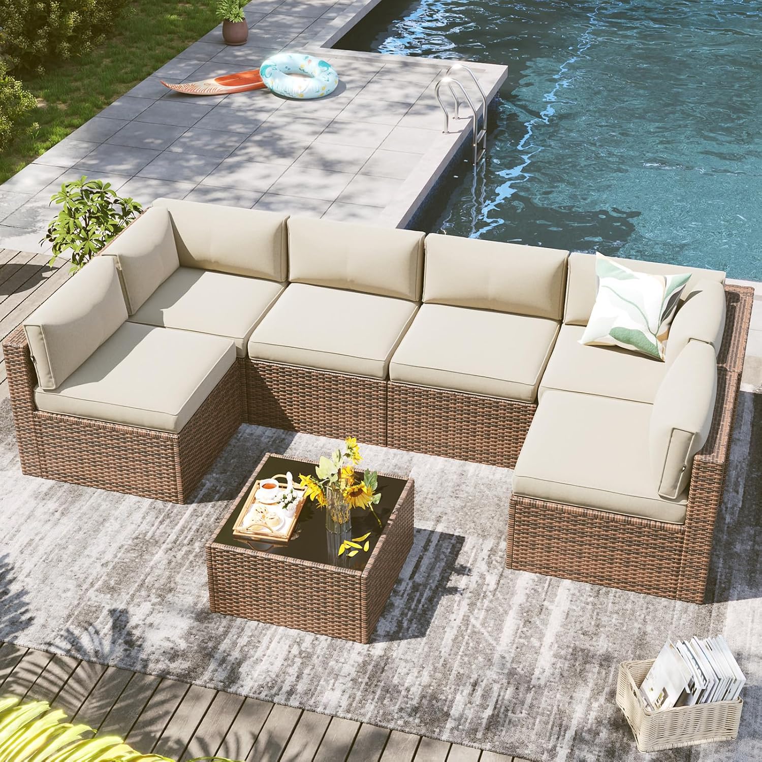 LazySunsets 7 Piece Outdoor Patio Furniture Set with Coffee Table, Outdoor Patio Furniture Sets with Thicken Cushion, Wicker Rattan Outdoor Conversation Set for Backyard & Garden, Beige