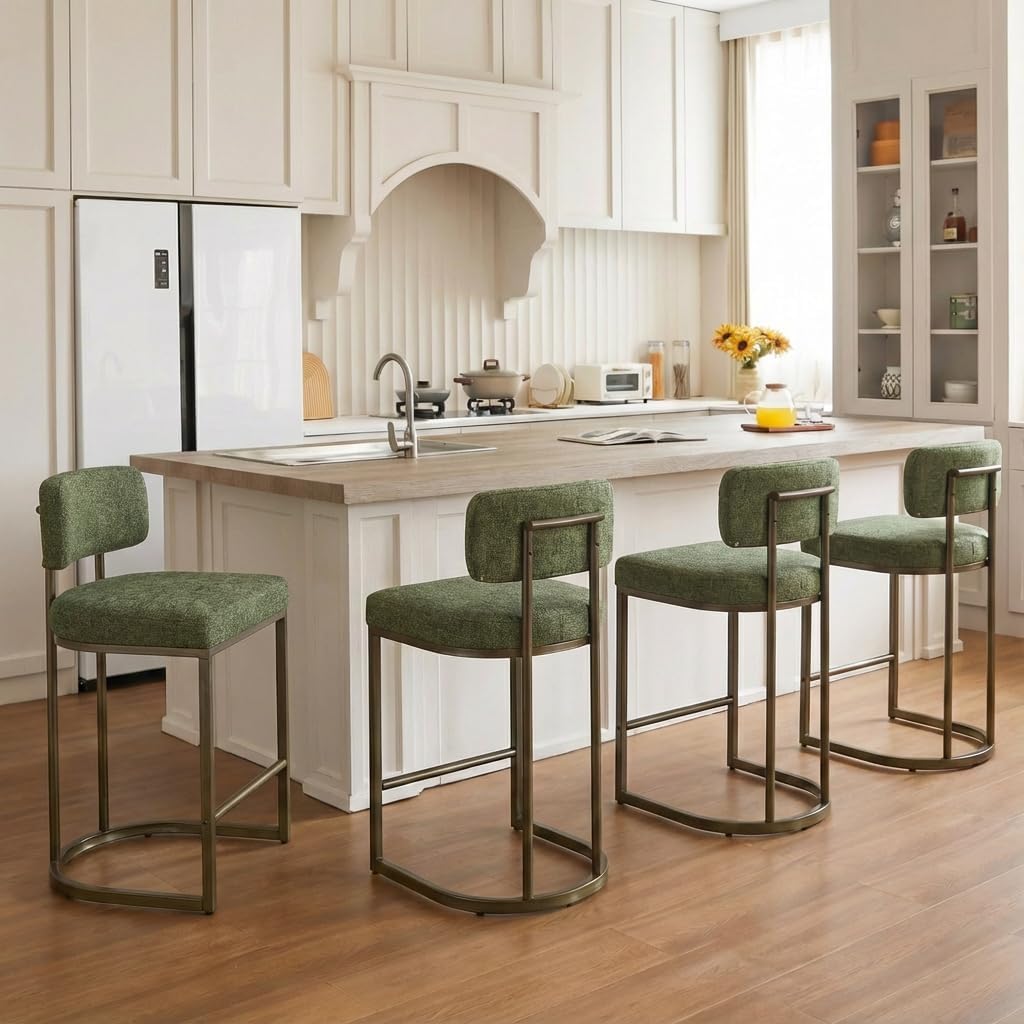 26" H Counter Height Bar Stools Set of 3, Modern Linen Fabric Upholstered Barstools with Backrest for Kitchen Island, Gold Metal Frames, Green
