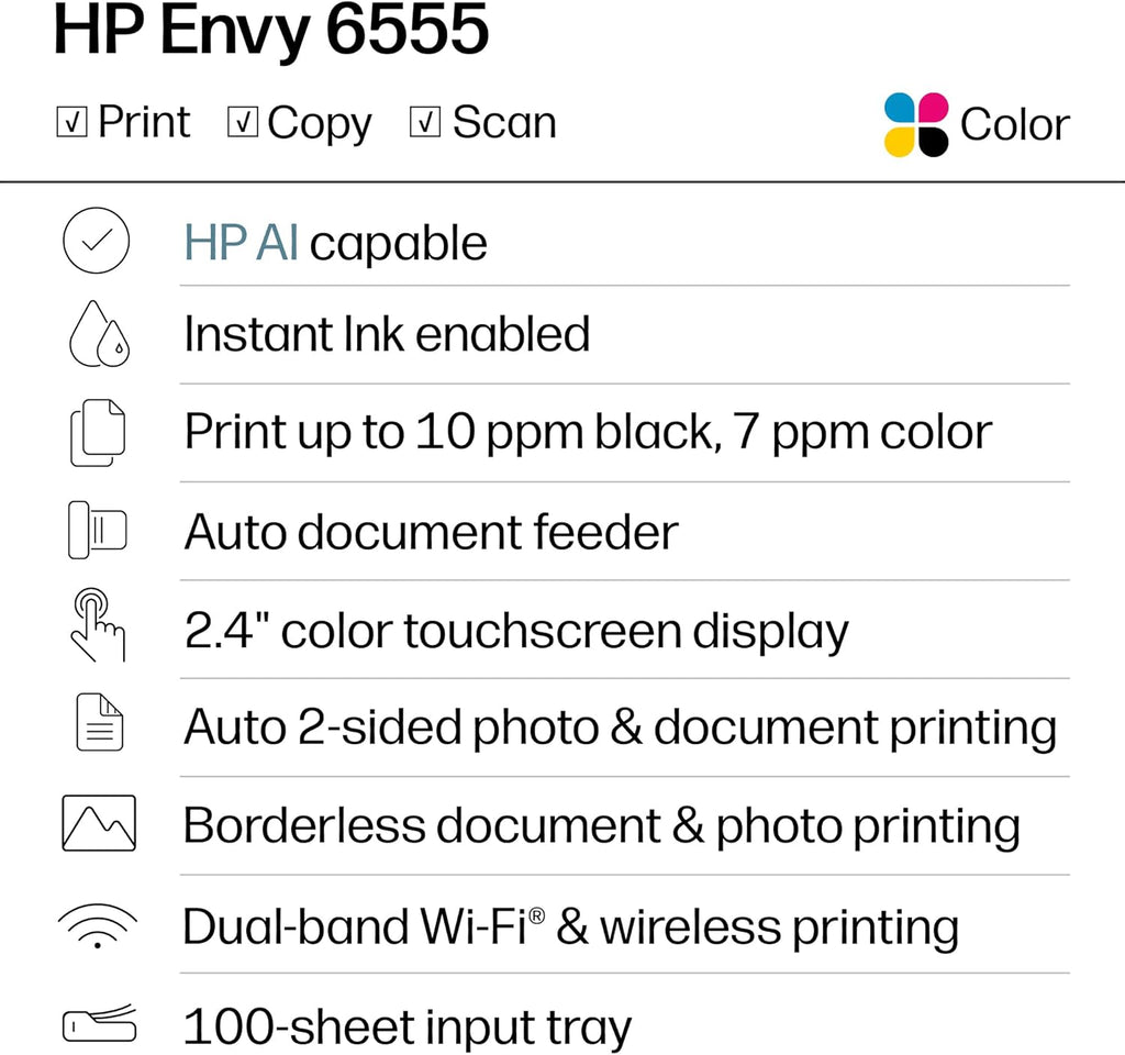 HP Envy 6555 Wireless All-in-One Color Inkjet Printer, Print, Scan, Copy, Duplex Printing Best-for-Home, 3 Month Trial of Instant Ink Included, AI-Capable (C2XR6A) Portobello