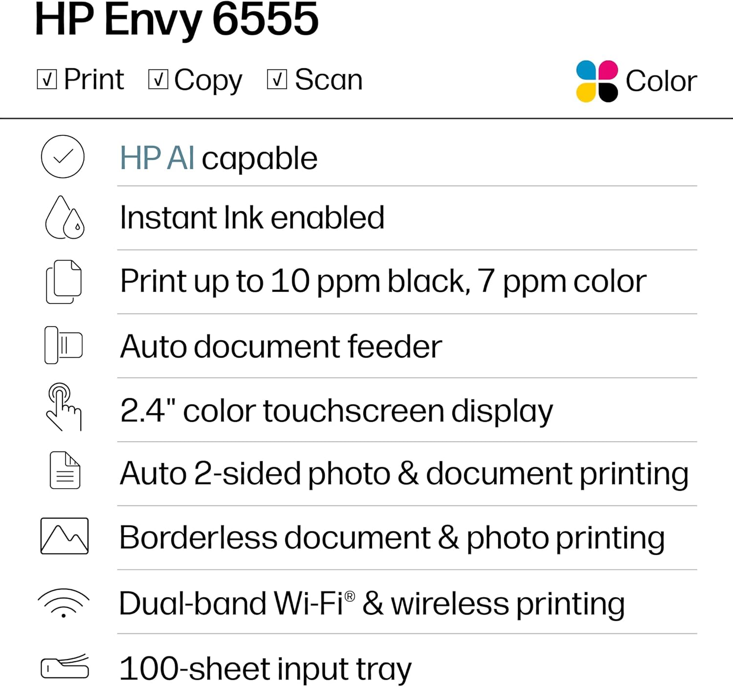 HP Envy 6555 Wireless All-in-One Color Inkjet Printer, Print, Scan, Copy, Duplex Printing Best-for-Home, 3 Month Trial of Instant Ink Included, AI-Capable (C2XR6A) Portobello