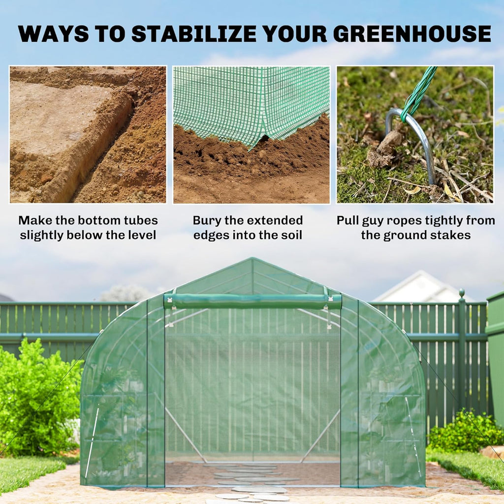 Outsunny 10' x 11' x 6' Walk-in Tunnel Greenhouse with Shelves, Plant Hot House with PE Cover, Mesh Door and Windows, Outdoor Green House for Patio Lawn Garden, Green