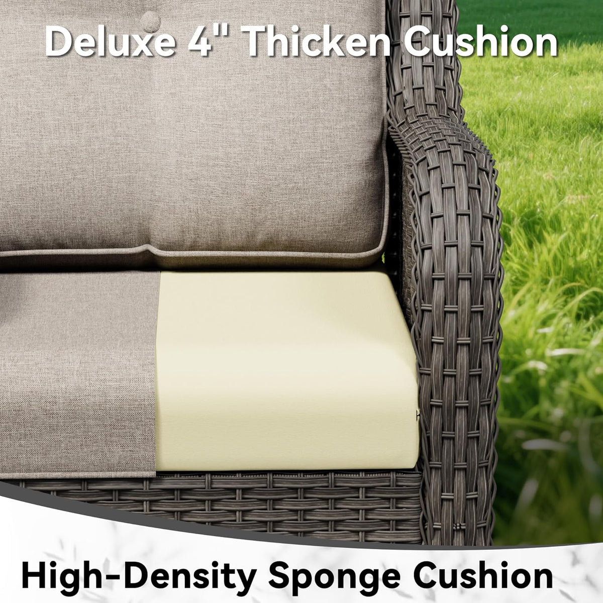 4 Piece Outdoor Wicker Patio Furniture Set, Patio Chairs Set with Thickened Olefin Cushions, High Back and Deep Seating, Hand-Woven PE Rattan, Ottoman for Porch, Deck, Beige