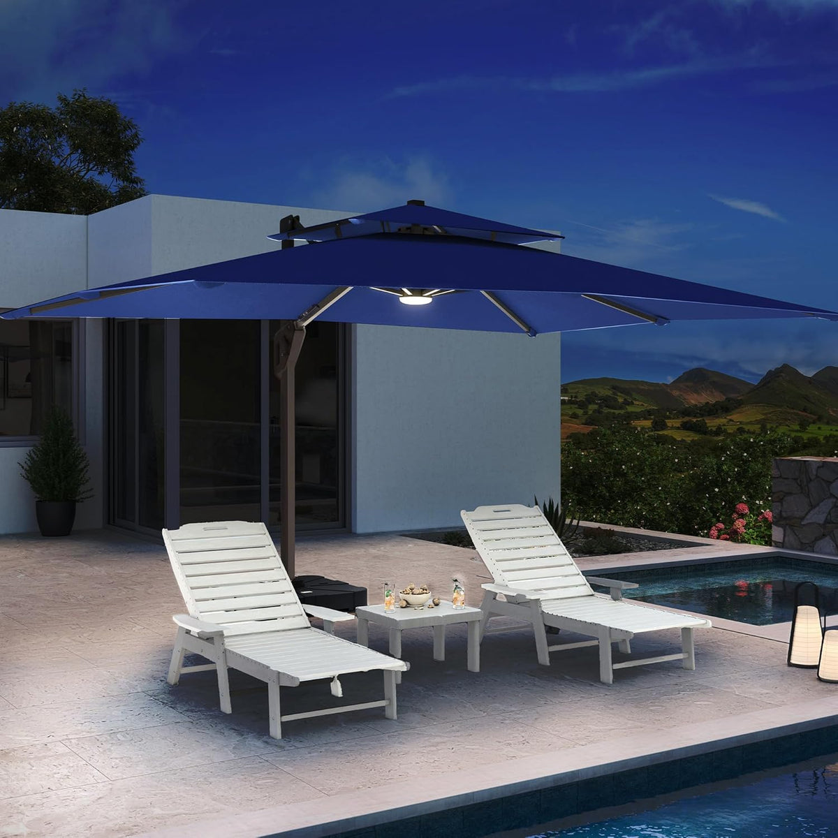10 X 13 FT Cantilever Patio Umbrella with LED Lights Outdoor Heavy Duty Double Top Windproof Rectangle Offset Umbrellas with 360-degree Rotation for Pool Deck Backyard, Navy