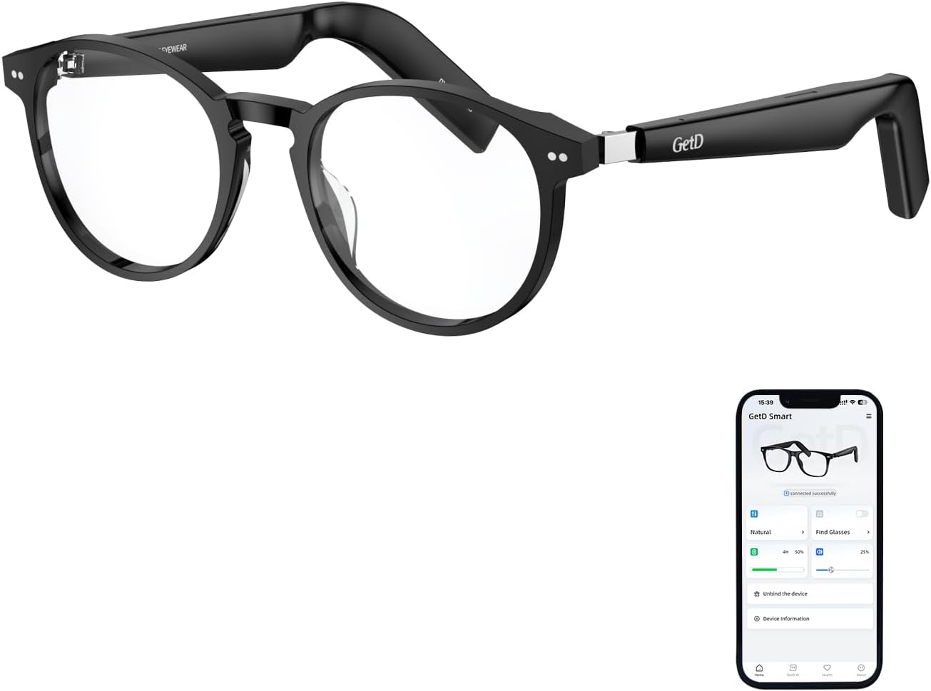GetD AI Glasses for Men & Women, Smart Glasses Powered by ChatGPT, AI Real-time Translation with 145 Languages, 11H Music Play, Bluetooth Glasses with Anti-Blue Light Lens for Daily Use, Travel