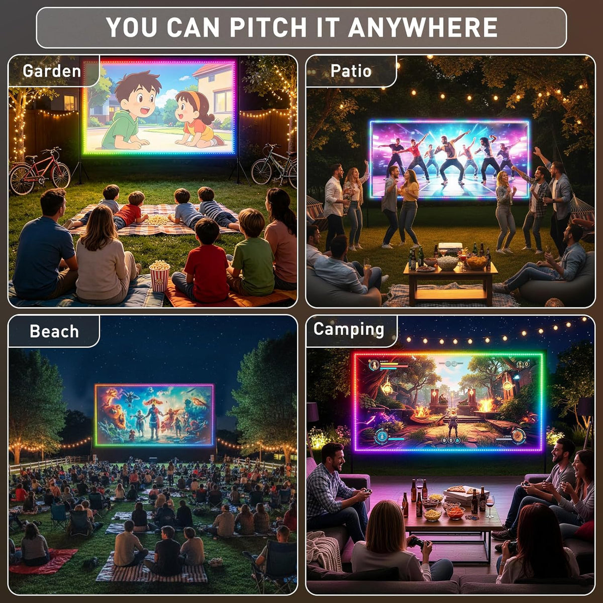 150 inch Projector Screen with Stand, USB String Lights Connection 16:9 4K HD Portable Movie Screen Indoor Outdoor,Wrinkle-Free Foldable Projection Screen for Home Theater Backyard, Office, Travel